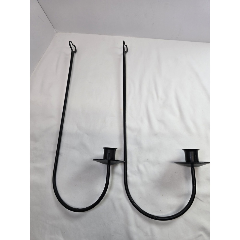 Vintage Pair Black Metal Wall Sconces Candle Holders Primitive Colonial 16 Inch
